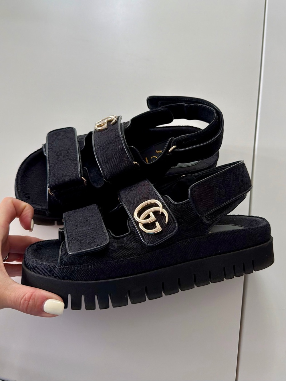 Gucci Black GG Canvas Platform Sandals with Gold Hardware